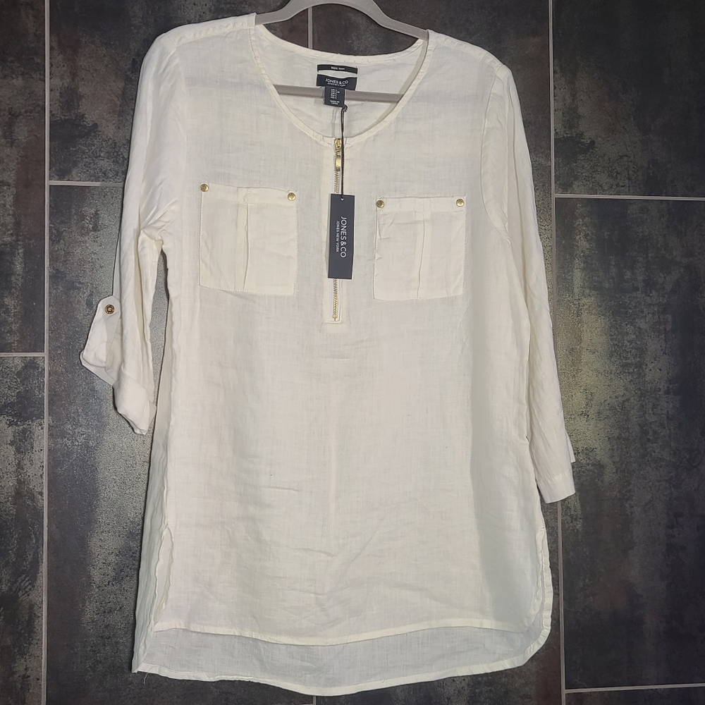 Jones New York White Linen Tunic Blouse Large